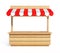 Market stall with striped red and white awning, wooden counter, kiosk, stand, 3d rendering