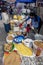 A market stall with a variety of spices, herbs and nuts for sale at the Indian market in Otavalo in Ecuador.