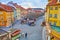 The market stalls amid colored houses, Na Kampe Street, Prague, Czech Republic