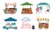 Market stalls flat vector illustrations set. Fair, funfair trade tents, outdoor kiosks and carts. Street shopping places cartoon