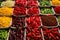 Market stand filled with different hot pepper varieties. Generative AI