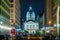 Market Street and the Indiana Statehouse at night, in Indianapolis, Indiana