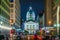 Market Street and the Indiana Statehouse at night, in Indianapolis, Indiana