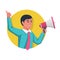 Marketer in hand holding megaphone. Speaker icon cartoon loudspeaker.