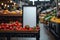 Marketing mastery Blurred food market backdrop enhances mock up poster