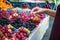 Marketplace with different fruits. Seller`s hand on colorful berry background outdoors. Sale, shopping and people