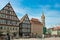 Marketplace with half-timber houses and pillar basilica in Schwaebisch Gmuend, Germany