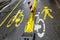 Marking for cyclists and pedestrians on the pavement. Close-up