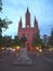 Marktkirche of red brick on a Schlossplatz at Night in Wiesbaden, the state capital of Hessen in Germany.