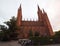 Marktkirche of red brick on a Schlossplatz at Night in Wiesbaden, the state capital of Hessen in Germany.