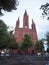 Marktkirche of red brick on a Schlossplatz at Night in Wiesbaden, the state capital of Hessen in Germany.