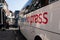 Marlborough, Wiltshire, England, March, 30, 2019: The National Express bus service pulls into the stop in Marlborough