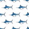 Marlin sailfish character abstract hand drawn vector seamless pattern. Simplified color illustration. Ocean and sea