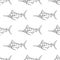 Marlin sailfish character abstract hand drawn vector seamless pattern. Simplified retro illustration. Ocean and sea