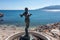 Marmaid Statue at Paralio Astros beach, Peloponnese, Greece. Aerial drone view of Gorgona Stheno