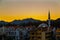 MARMARIS, TURKEY: Evening landscape with a view of hotels, residential buildings and a mosque in Marmaris at sunset.