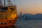 MARMARIS, TURKEY: Mermaid on a decorative stylized ship at sunset in Marmaris.