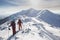 Marmaros, The Carpathians, UKRAINE - FEB 15 2021: An active female freerider with a team hikes on a winter trail in a backcountry