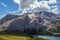 Marmolada glacier in summer and lake Fedaia in italian dolomites