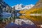 Maroon Bells in fall foliage after snow storm in Aspen, Colorad