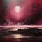 Maroon Expressionism Seascape Abstract: A Surrealistic Fantasy Landscape Of A Red Moon