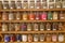 Marrakech, Morocco - Feb 8, 2023: Jars of dried seeds and spices at the Moroccan Museum of Culinary Arts