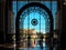 Marrakech, Morocco - January 02, 2020: Sun shines through large glass decorated windows at Marrakesh railway station. View form