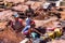 MARRAKESH, MOROCCO - JUNE 04, 2017: Unknown wokers on the old tannery in Marrakech on a sunny day