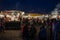 Marrakesh, Morocco - September 05 2013: Food stands with smoke and light on famous Jamaa el Fna square in evening