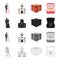 A married couple, a church, a wedding gift, an engagement ring. Wedding set collection icons in cartoon black monochrome