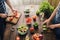 Married couple cooking together dinner vegetables salad in home