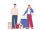 Married couple goes on trip or moves. Man is holding leash with dog in his hands, next to him is woman with suitcase. Traveling