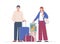 Married couple goes on trip or moves. Young woman is holding carrier with cat, next to her is man with suitcase. Traveling with