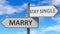 Marry and stay single as a choice - pictured as words Marry, stay single on road signs to show that when a person makes decision