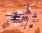 Mars colonization. Base or colony on red planet with buildings, equipment for scientific research and spacecraft. Top