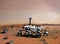 Mars explore mission. The Perseverance rover deploys its equipment against the backdrop of a true Martian landscape. Colony on