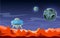 Mars landscape. Colonization, alien space background. View from red planet on Earth and moon cartoon vector illustration