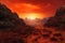 mars: orange-red sunset with dusty horizon and rocky landscape