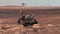 Mars. Perseverance rover and Ingenuity helicopter explore Mars against the backdrop of a real Martian landscape