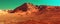 Mars planet background, 3d render of imaginary mars planet terrain, orange eroded desert with mountains, realistic science fiction