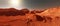 Mars planet landscape, 3d render of imaginary mars planet terrain, orange eroded desert with mountains and glaring sun