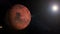 Mars Planet Sunrise Turning In Milky Dark Outer Space with Sun and Stars. Realistic Planet