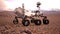 Mars Rover, robotic space autonomous vehicle on a deserted planet, rear view, 3D illustration