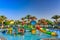 Marsa Alam, Egypt - May 7, 2023: Water slides of the Akassia Swiss Resort by the Red Sea in Marsa Alam, Egypt