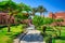 Marsa Alam, Egypt - May 8, 2023: Beautiful gardens of the Akassia Swiss Resort by the Red Sea in Marsa Alam, Egypt