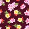 Marsala colored print plumeria, frangipani, orchid flowers. Sea