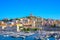 Marseille embankment with yachts and boats in the Old Port and Notre Dame de la Garde. Vieux-Port de Marseille