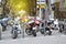 Marseille, France, 12 October 2018. Numerous motorcycles and scooters are parked next to the sidewalk, autumn cityscape