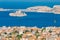 Marseille, France. Elevated view Of cityscape and If Castle in Marseilles, France. Sunny summer day with bright blue sky
