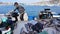 Marseille, France - May 29, 2023: French fisherman selling fresh fish at Vieux Port in Marseille, France.